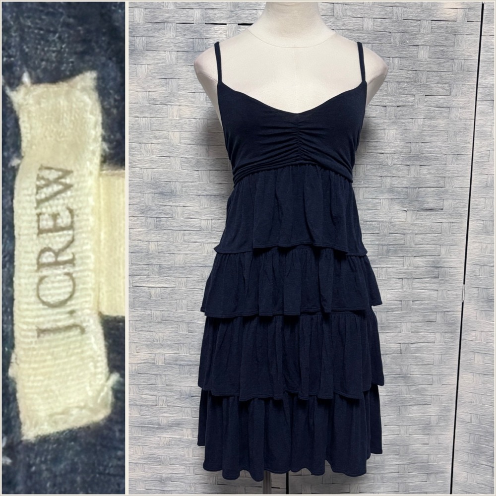 J.Crew Tiered Ruffle Mini Dress Women Small Navy‎ Blue Excellent Ruched V-Neck